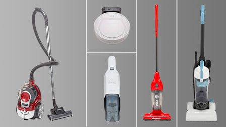 Atrix Vortex VR25BCV canister vacuum, Lefant M210 robotic vacuum, Dirt Devil Vibe SD20020 stick vacuum, Amazon Basics Bagless Upright Vacuum Cleaner, and Black+Decker Dustbuster HLVC315B10 handheld vacuum on grey background with white lines separating them