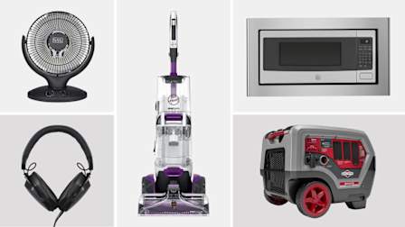 grid of Black+Decker BHRO608 space heater, V-Moda M-200 headphones, Hoover SmartWash Pet Complete FH53000PC carpet cleaner, GE Profile PEM31SFSS microwave, and Briggs & Stratton 030761 generator on grey background
