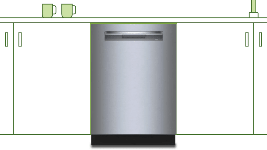 A stainless steel dishwasher with a background line drawing illustration of a kitchen counter